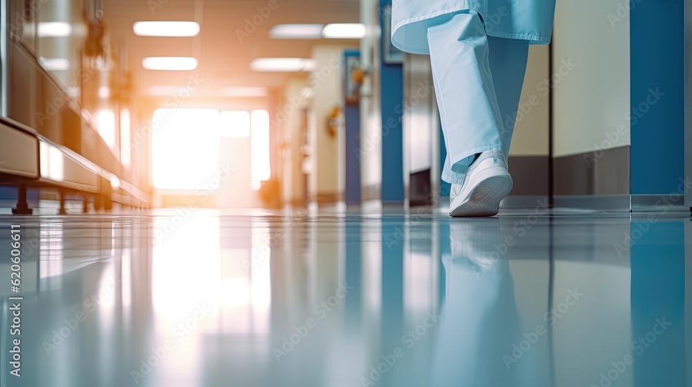 Assistant legs walking in hospital, Selective focus at the leg and blurred background with copy spac