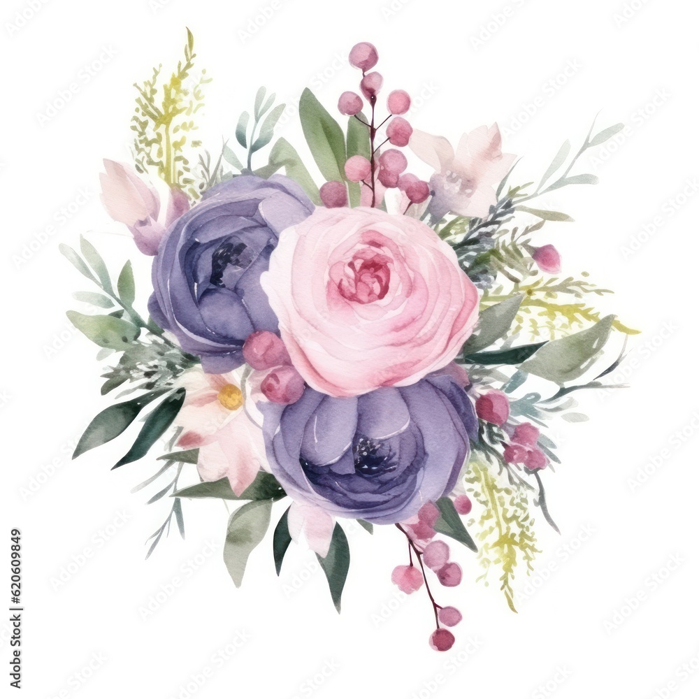 Watercolor cute wedding bouquet. Illustration AI Generative.