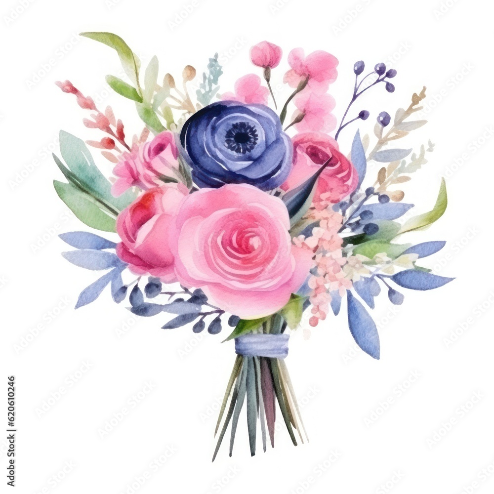 Watercolor cute wedding bouquet. Illustration AI Generative.