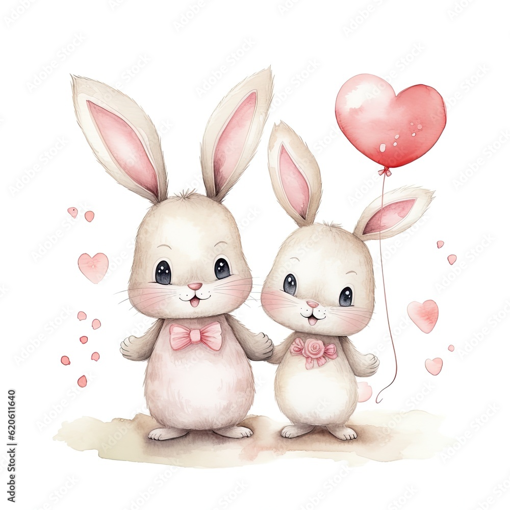 Cute watercolor bunny couple. Illustration AI Generative