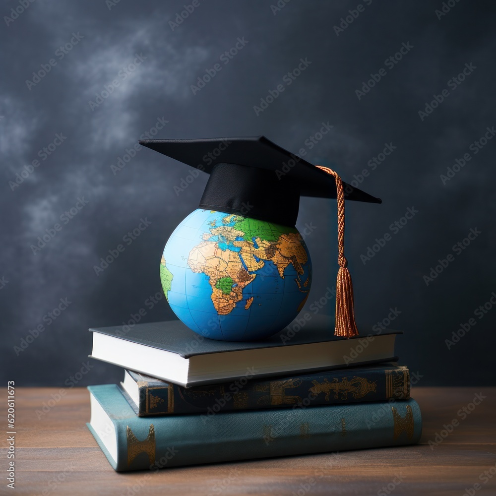 Globe in graduation cap. Illustration AI Generative.