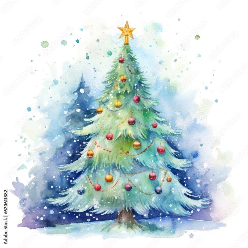 Watercolor Christmas tree. Illustration AI Generative.