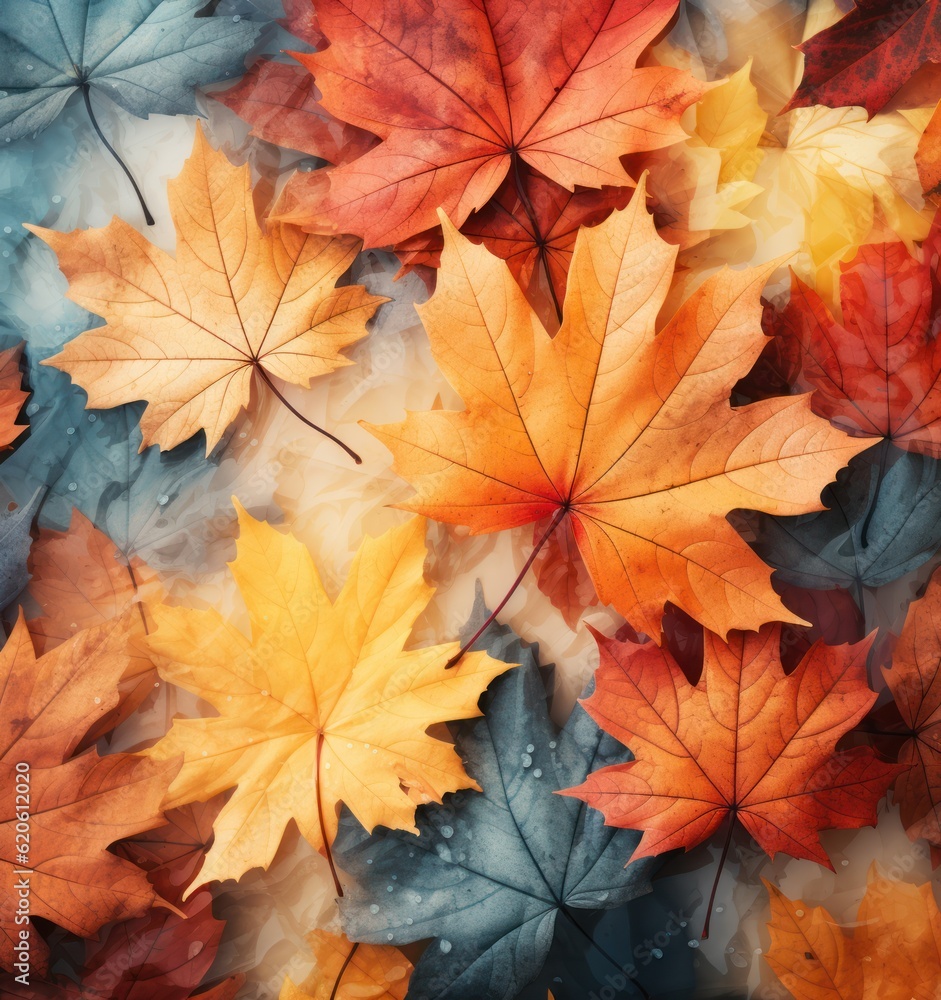 Autumn leaves background. Illustration AI Generative.