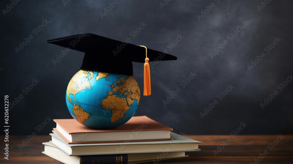 Globe in graduation cap. Illustration AI Generative.