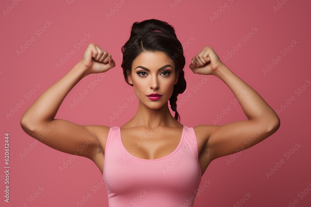 Young woman flexes her muscles on a pink background, Illustration AI Generative.