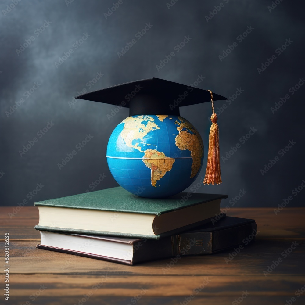 Globe in graduation cap. Illustration AI Generative.