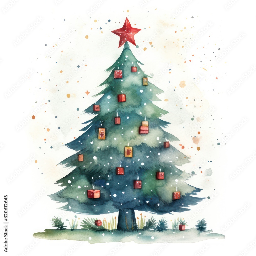 Watercolor Christmas tree. Illustration AI Generative.