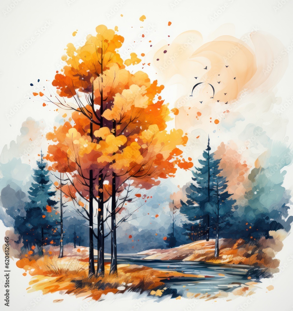 Autumn watercolor background. Illustration AI Generative.