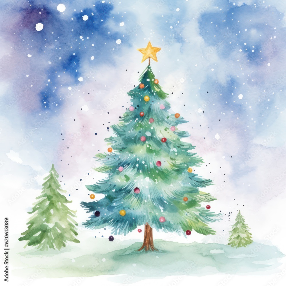 Watercolor Christmas tree. Illustration AI Generative.