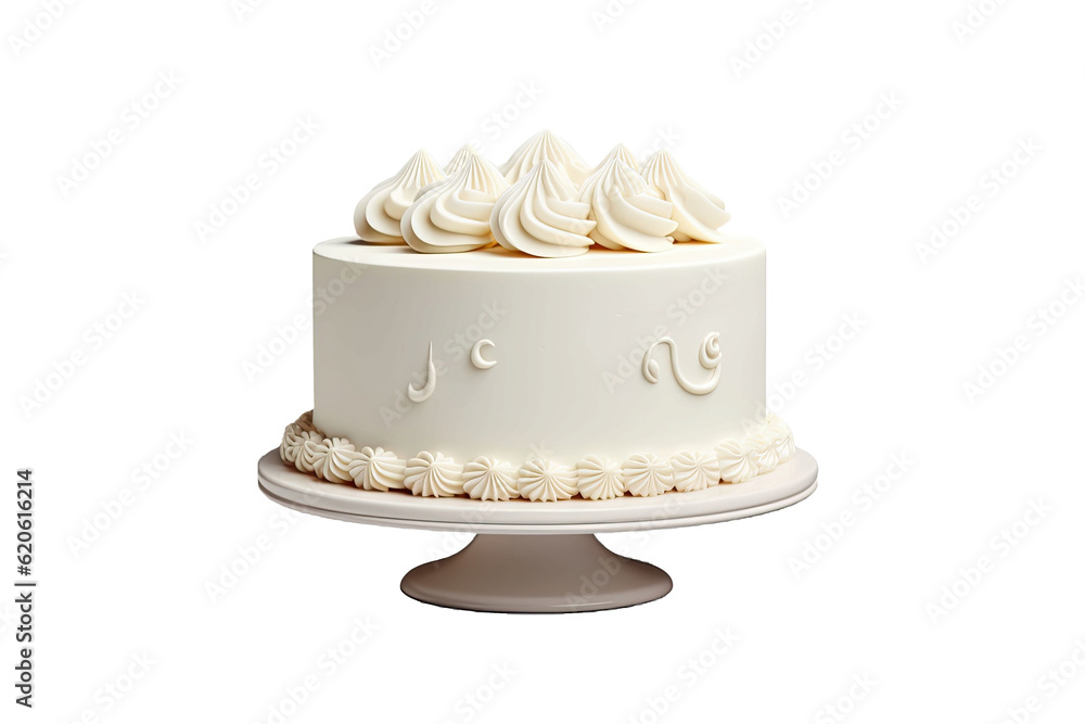 A white birthday cake is depicted in a 3D rendering, standing alone on a transparent background. It 