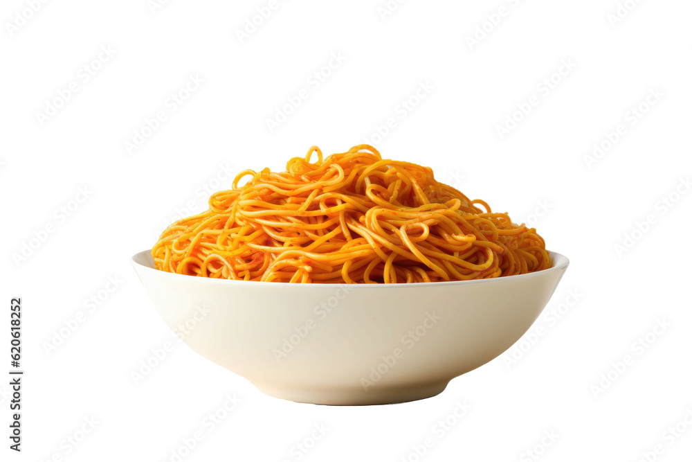 Spaghetti displayed in a bowl against a plain transparent background.