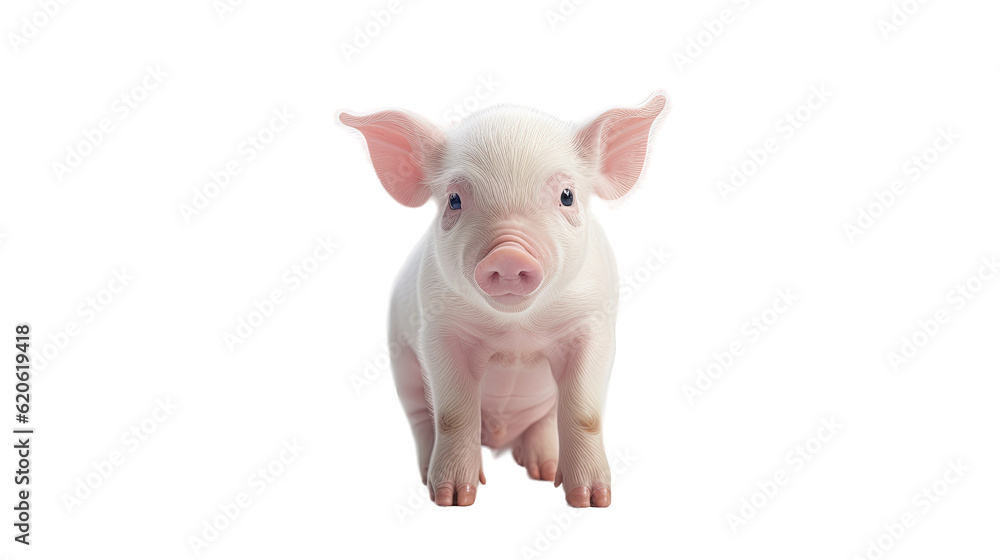 A jovial young pig is alone on a transparent background. Amusing animal feelings.