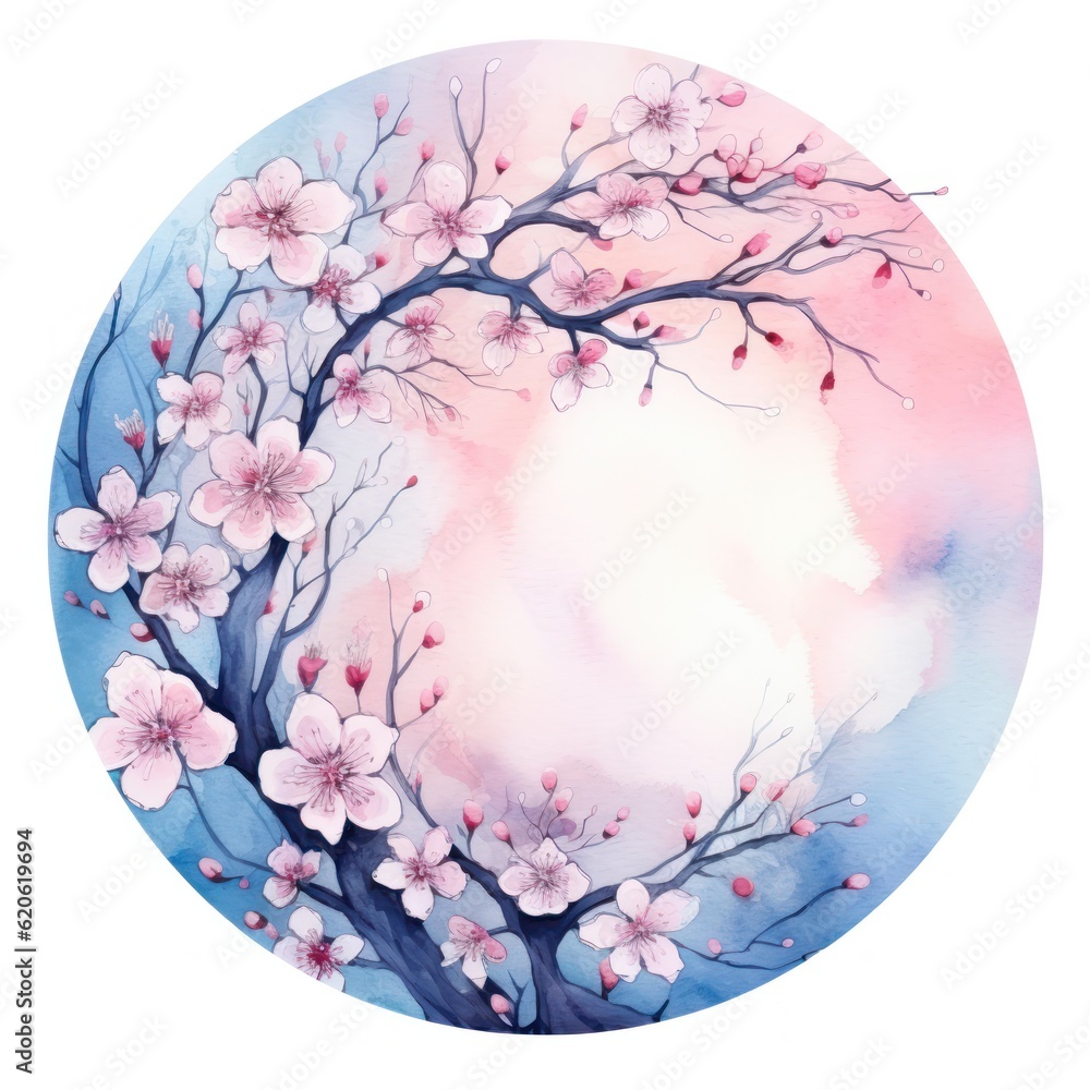 Watercolor frame with sakura flowers. Illustration AI Generative.