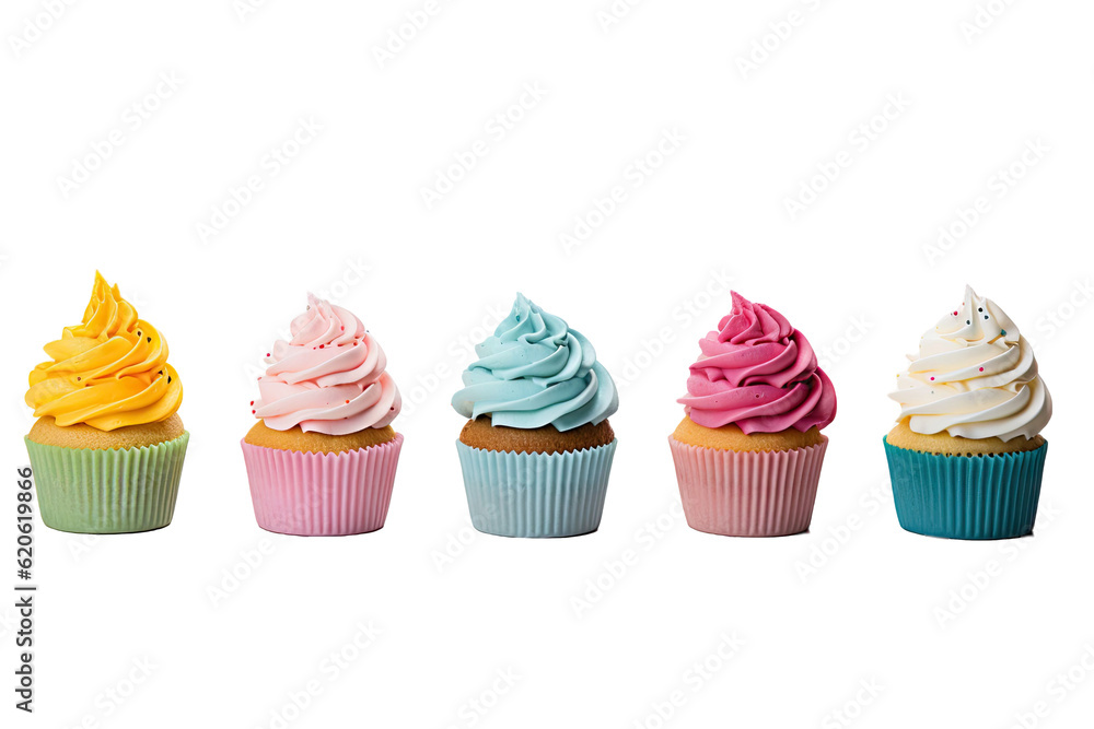 Vibrantly colored cupcakes set against a plain transparent background.