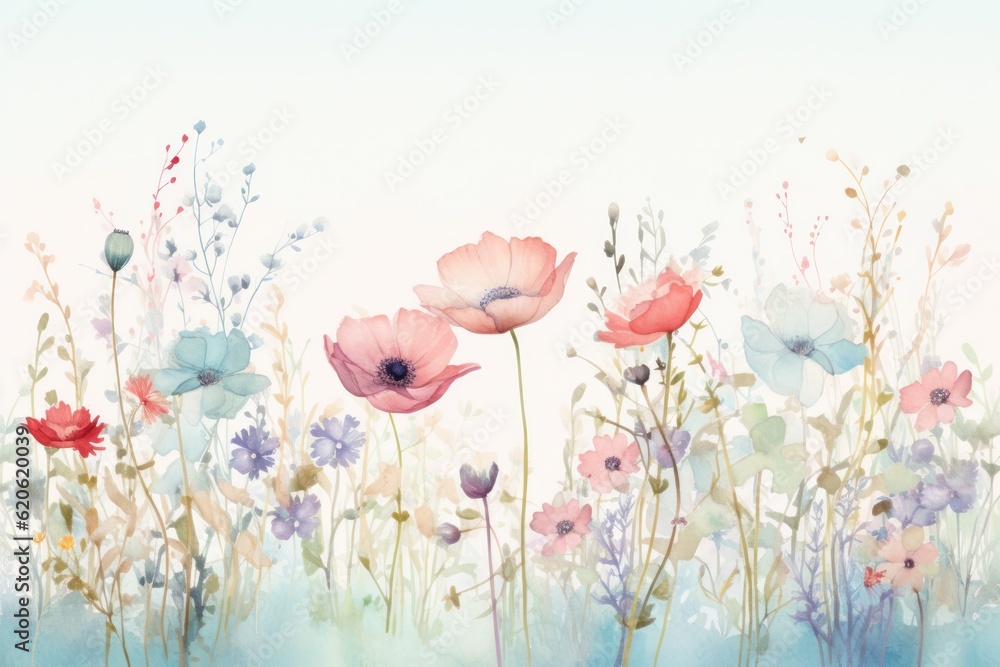 Watercolor summer meadow. Illustration AI Generative.