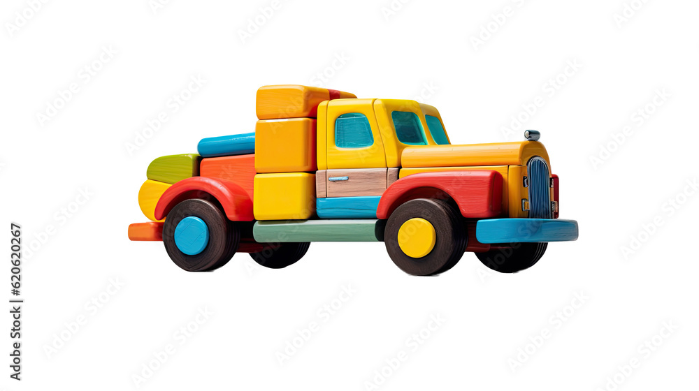 A vibrant toy truck is separated from its surroundings on a transparent background.