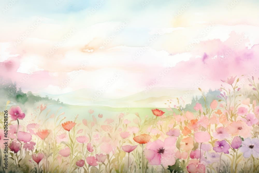 Watercolor summer meadow. Illustration AI Generative.