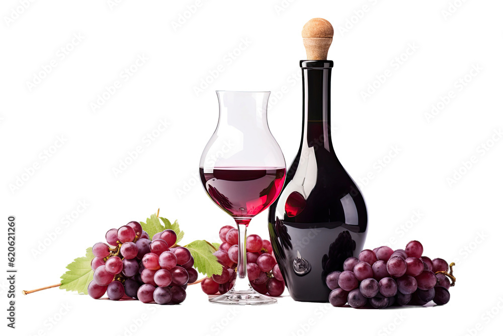 A wine decanter, a bunch of grapes, and a wine glass are separated on a plain transparent background