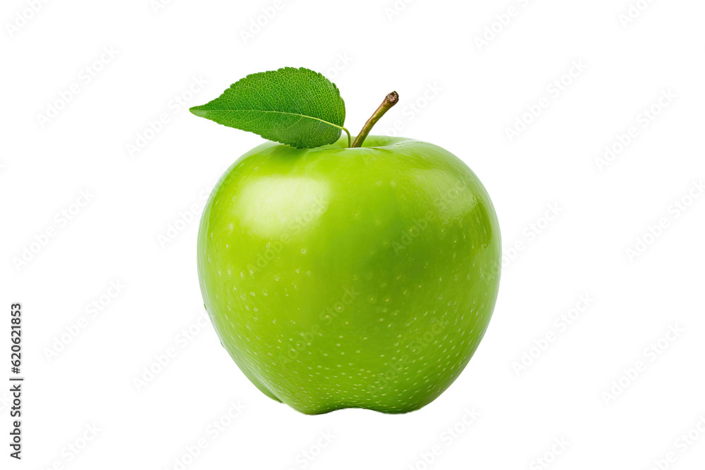 A portion of a green apple along with its green leaves is seen alone on a transparent background. Th