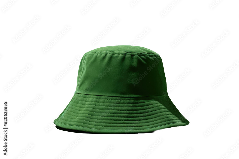 A green bucket hat is seen alone against a transparent background.