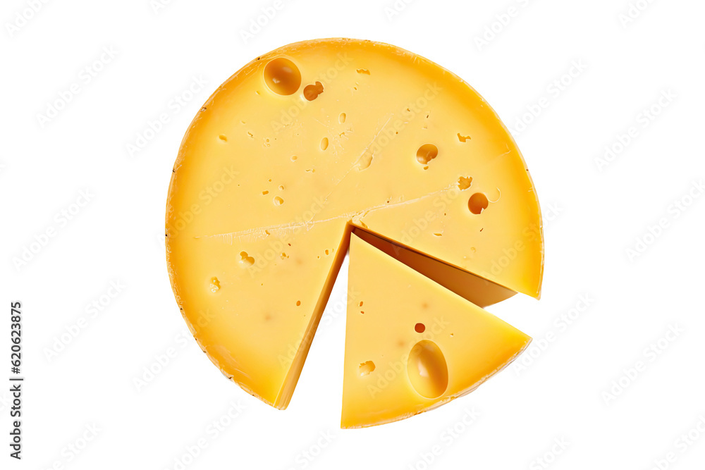 A portion of cheese placed alone on a transparent background, seen from above.