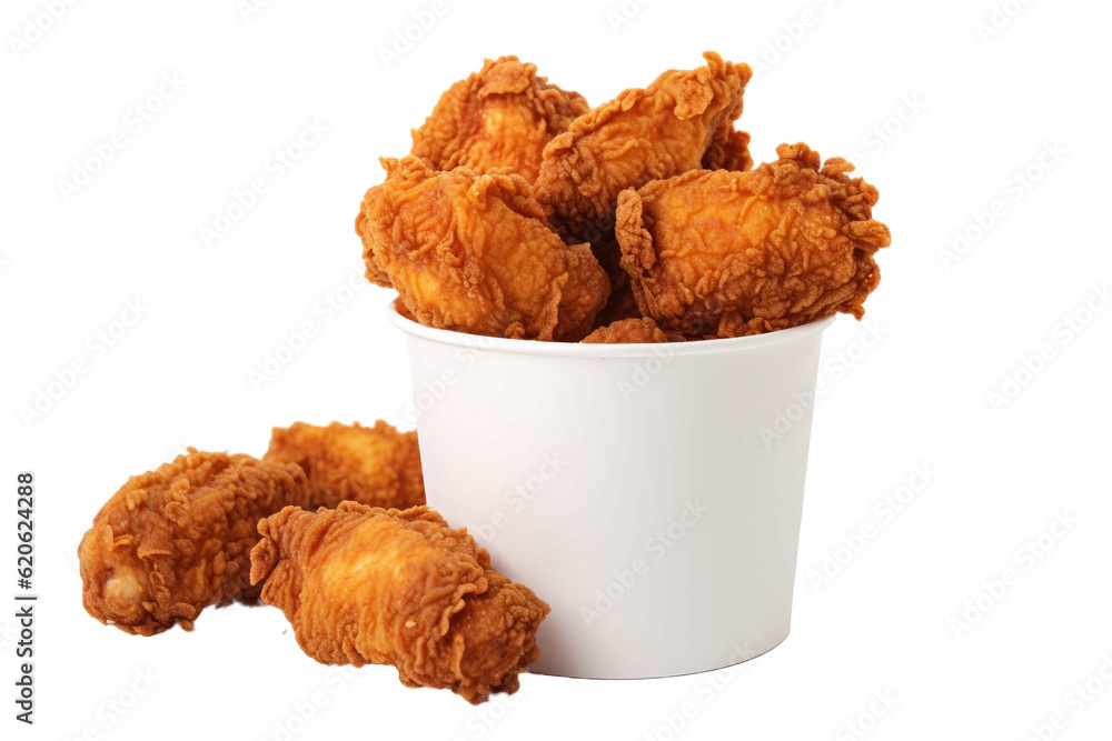 Fried chicken placed inside a paper bucket and separated from the background, Fried chicken set on a