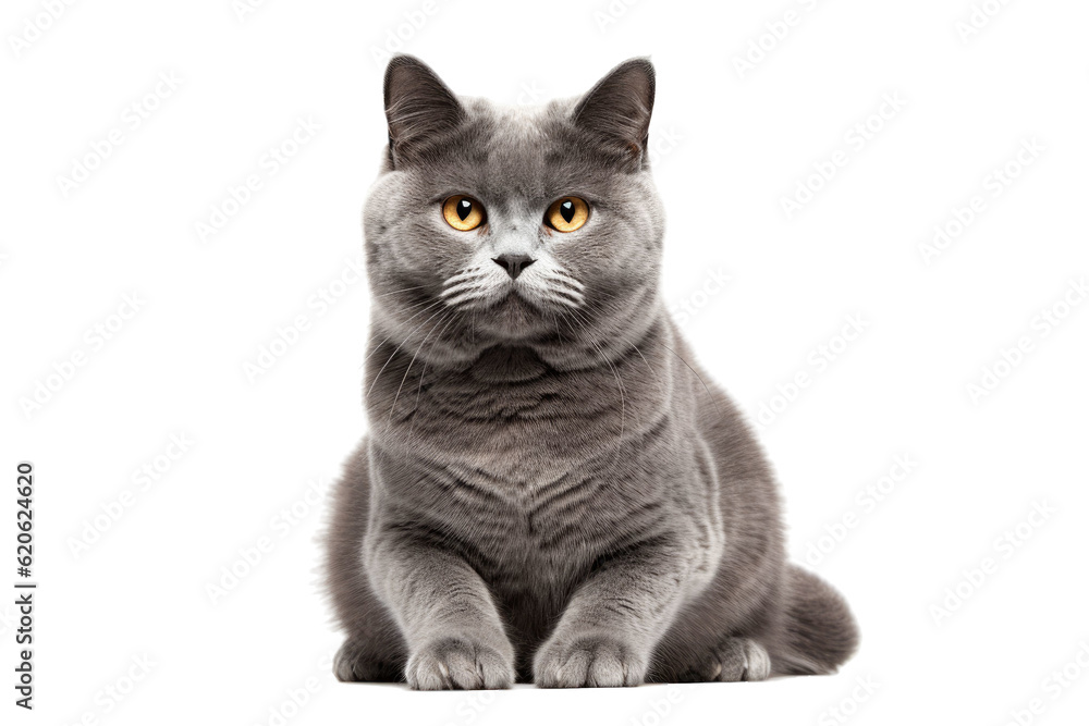 Gorgeous gray feline alone on a transparent background.