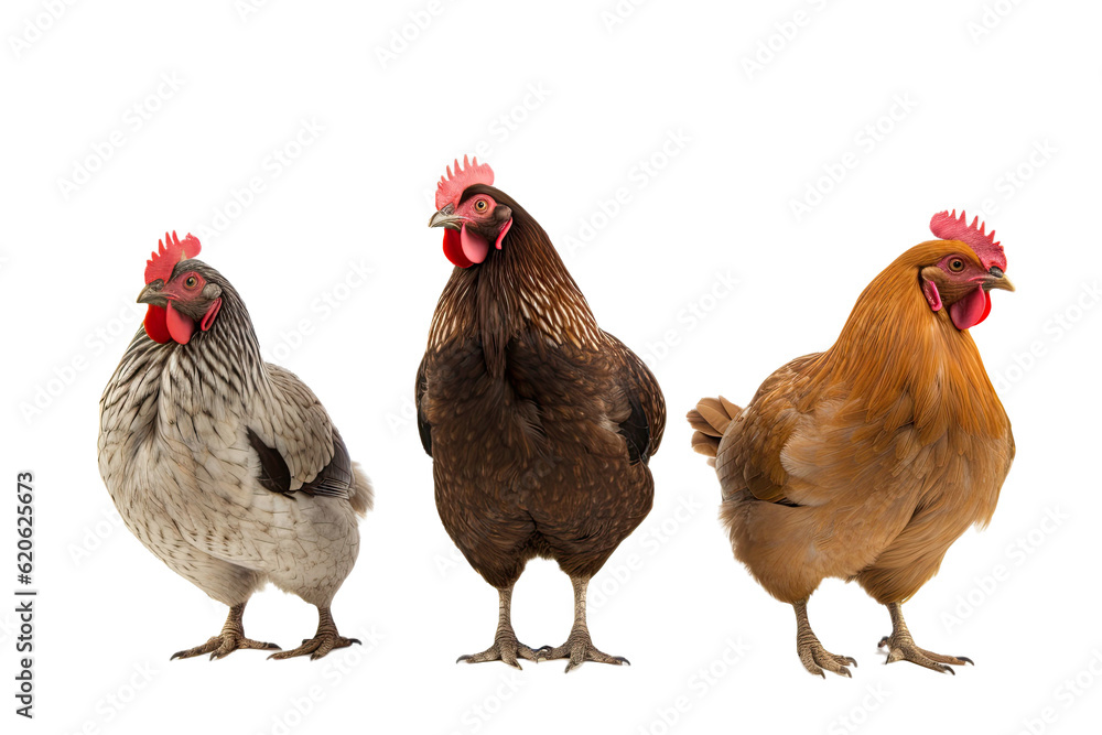 Three chickens that are brown in color and separated from their surroundings, showcased against a tr