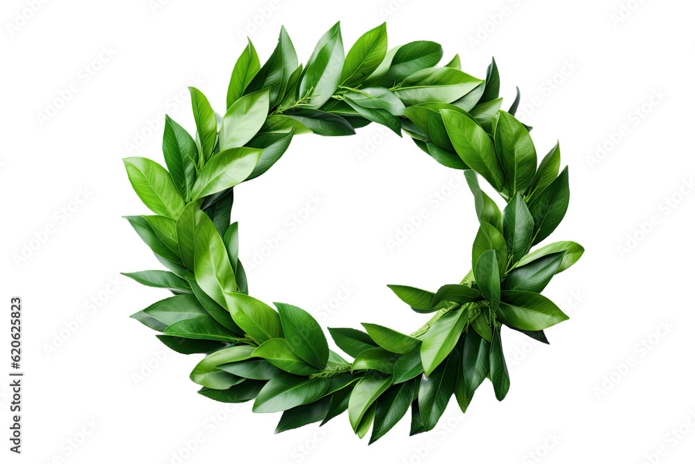 An isolated laurel wreath created from fresh branches of bay leaves, displayed on a transparent back