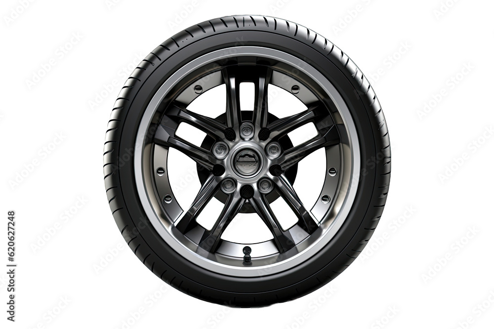 A newly manufactured automobile wheel thats separate from the rest of the car and is placed on a pl