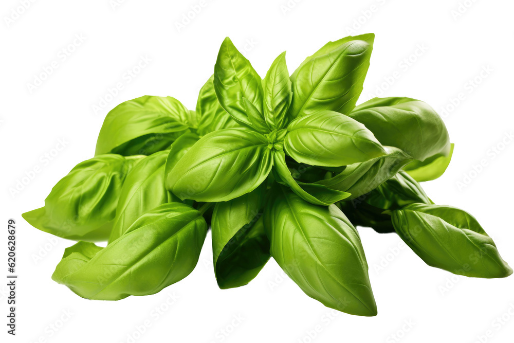 Close-up photograph taken in a studio showcasing vibrant green basil leaves that have been freshly h