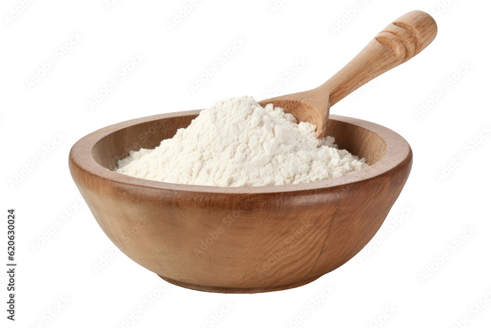 A flour spoon rests inside a wooden bowl filled with rice or wheat flour, which is seen on a plain t