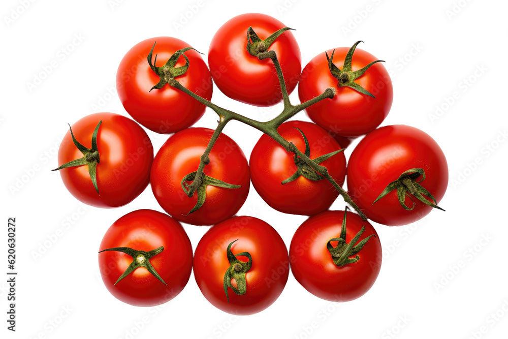 Top perspective of a cluster of recently-picked tomatoes isolated on a transparent transparent backg