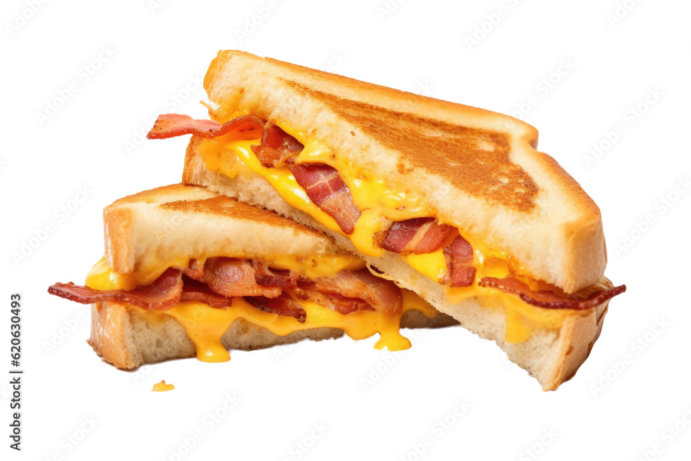 Top view of cheddar cheese and bacon toasted sandwiches, isolated on a transparent background, looki