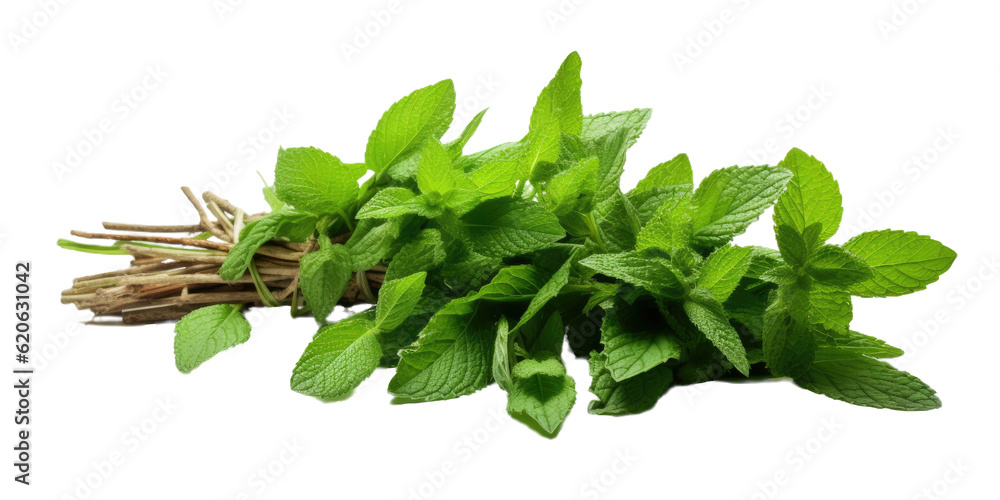 Newly harvested mint placed alone on a transparent background.