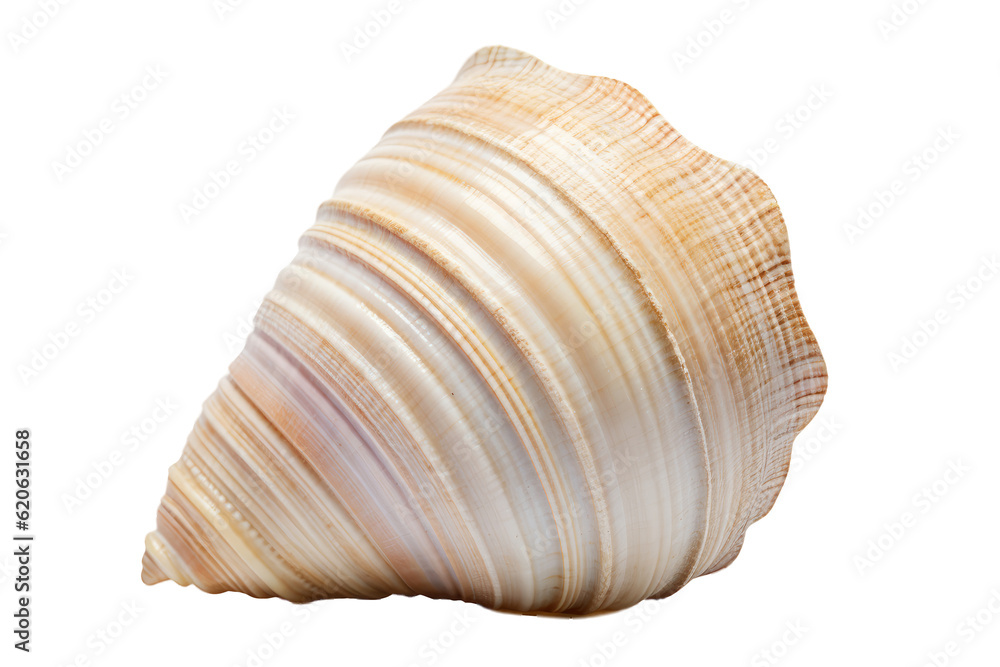 A close-up view of a seashell is shown by itself with no other objects around, and it is against a p