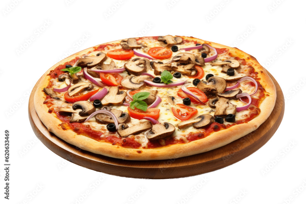 Tasty meat-free pizza topped with champignon mushrooms, tomatoes, mozzarella, bell peppers, and blac