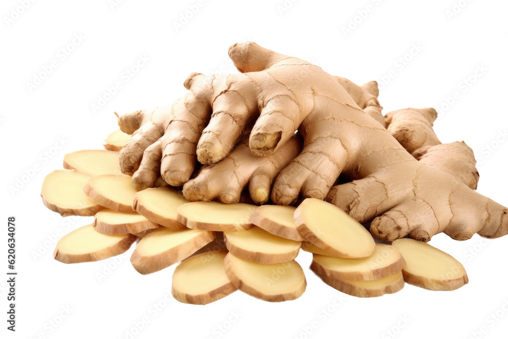 A flat arrangement of slices of fresh ginger root placed on a transparent background.