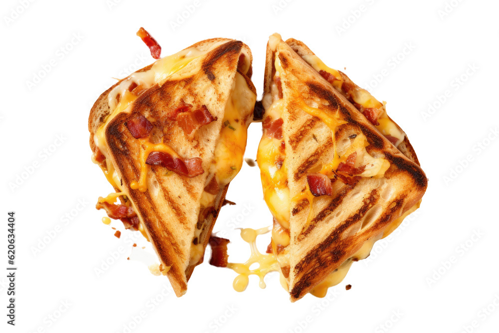 A top-down view of mouthwatering toasted sandwiches featuring cheddar cheese and bacon, placed on a 