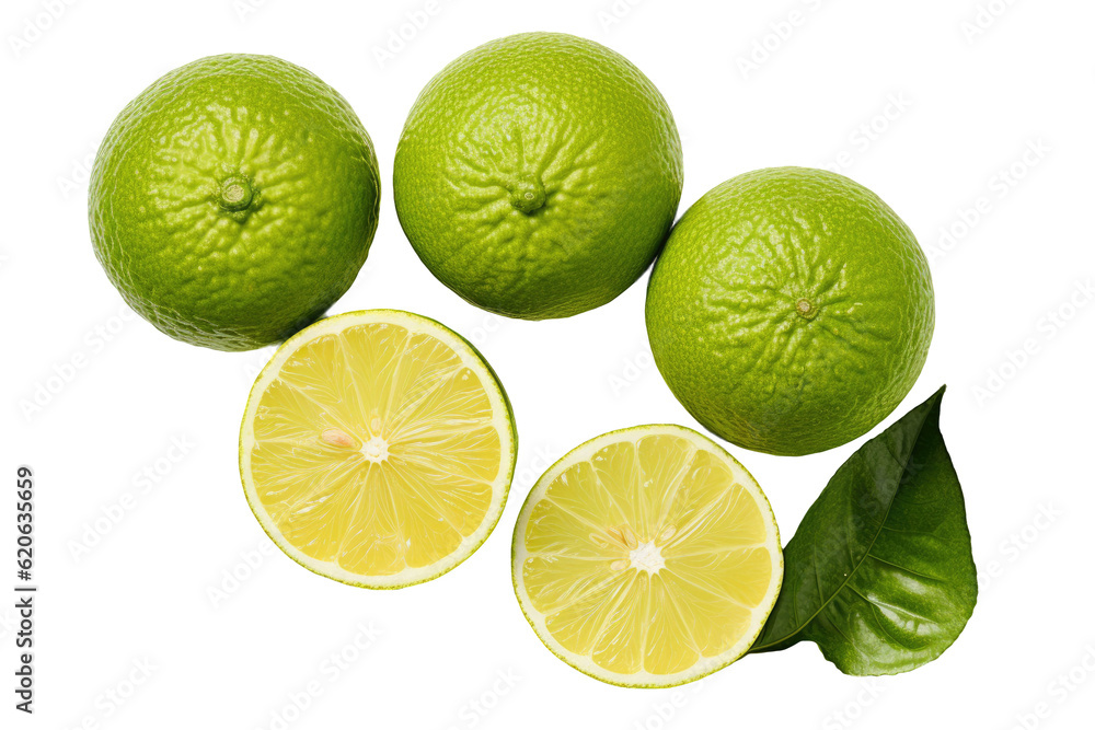 A transparent background showcases a half-sliced bergamot fruit. The image is taken from above, port