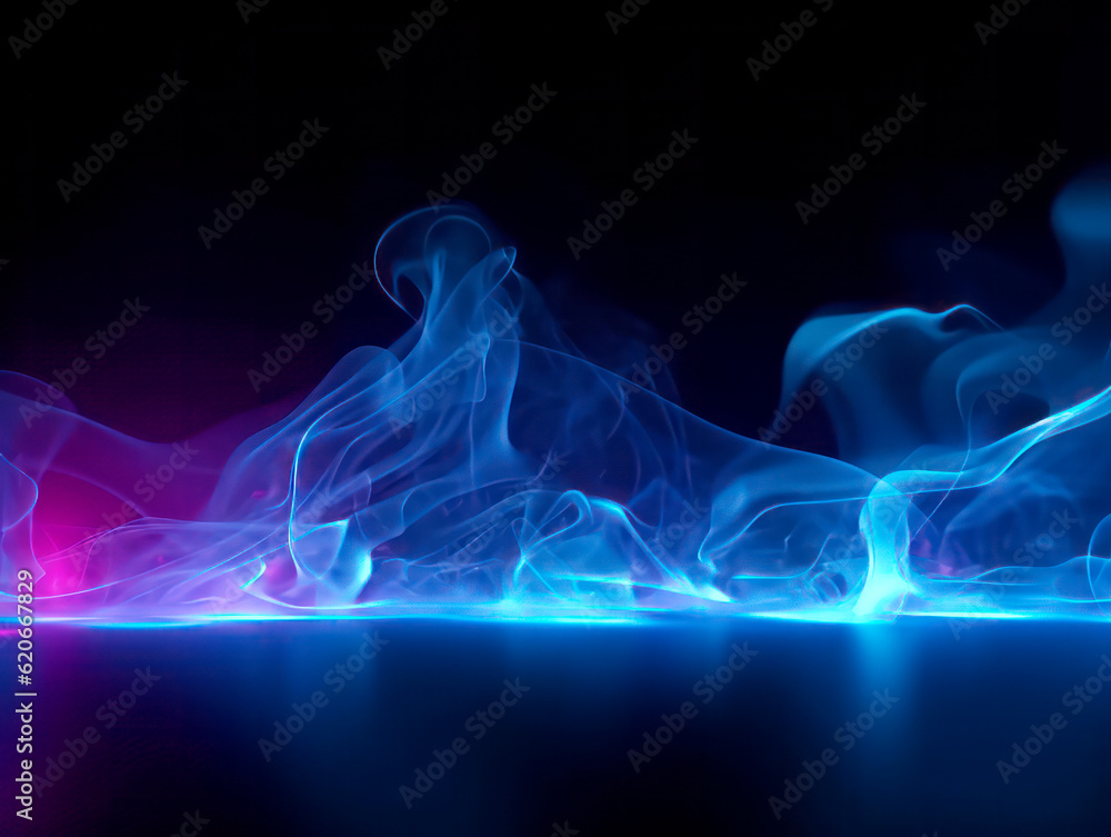 Abstract dark blue stage background with smoke and floor. Generative AI