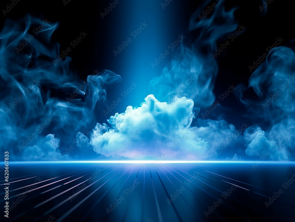 Abstract dark blue room background with smoke and floor. Generative AI