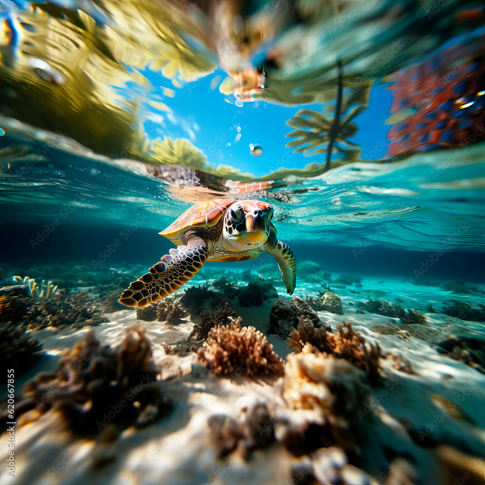 A large sea turtle swims in a coral reef. Generative AI