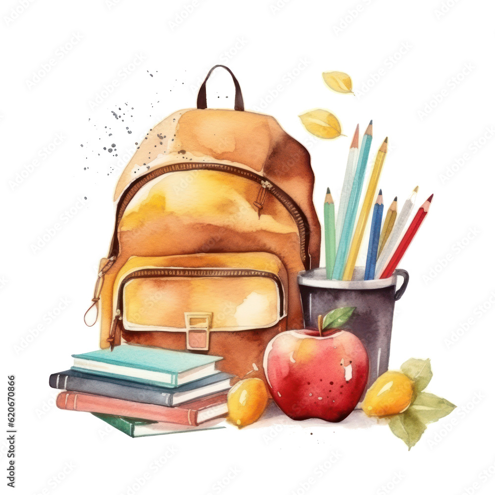 Watercolor back to school background. Illustration AI Generative.