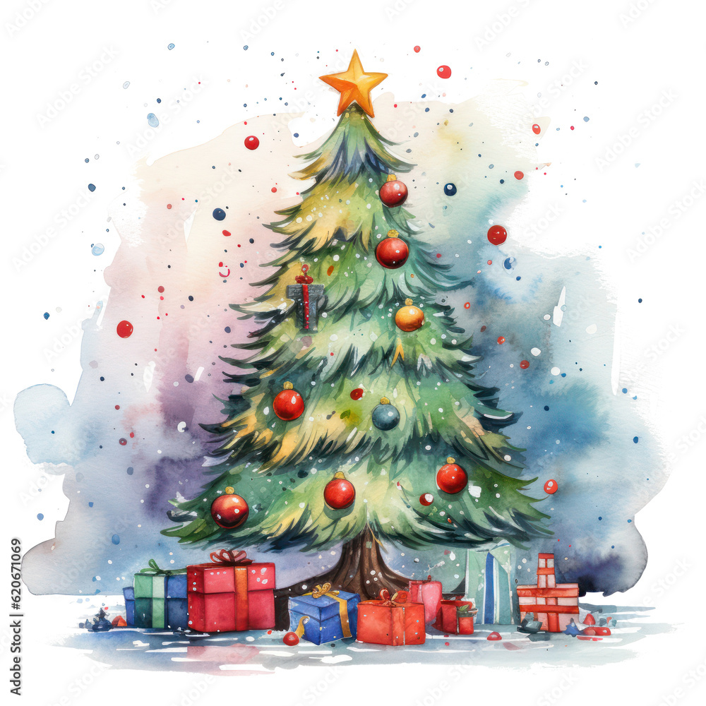 Watercolor Christmas tree. Illustration AI Generative.