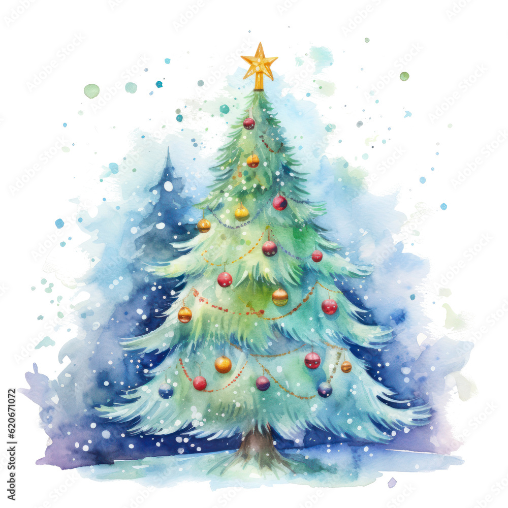 Watercolor Christmas tree. Illustration AI Generative.