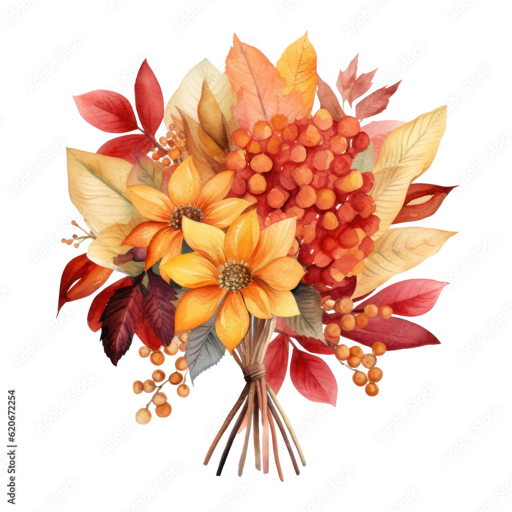 Watercolor Autumn Bouquet. Illustration AI Generative.