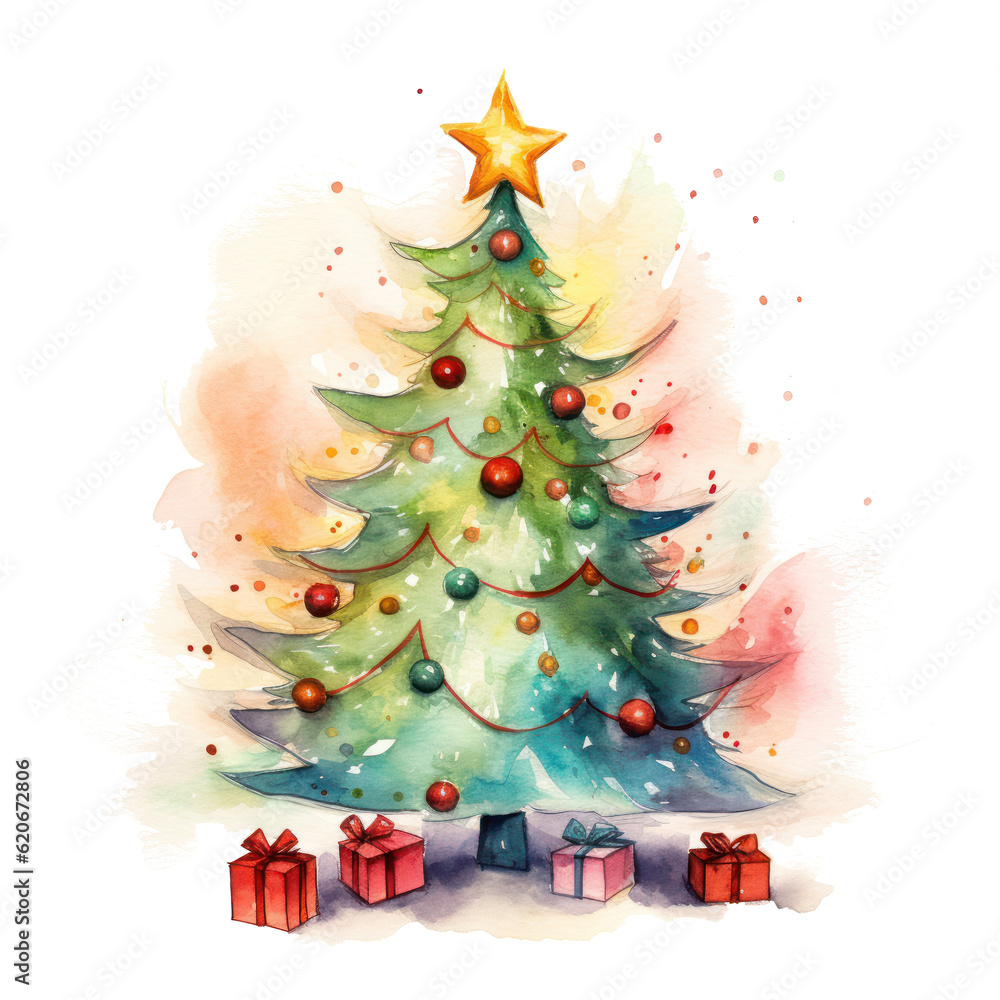 Watercolor Christmas tree. Illustration AI Generative.