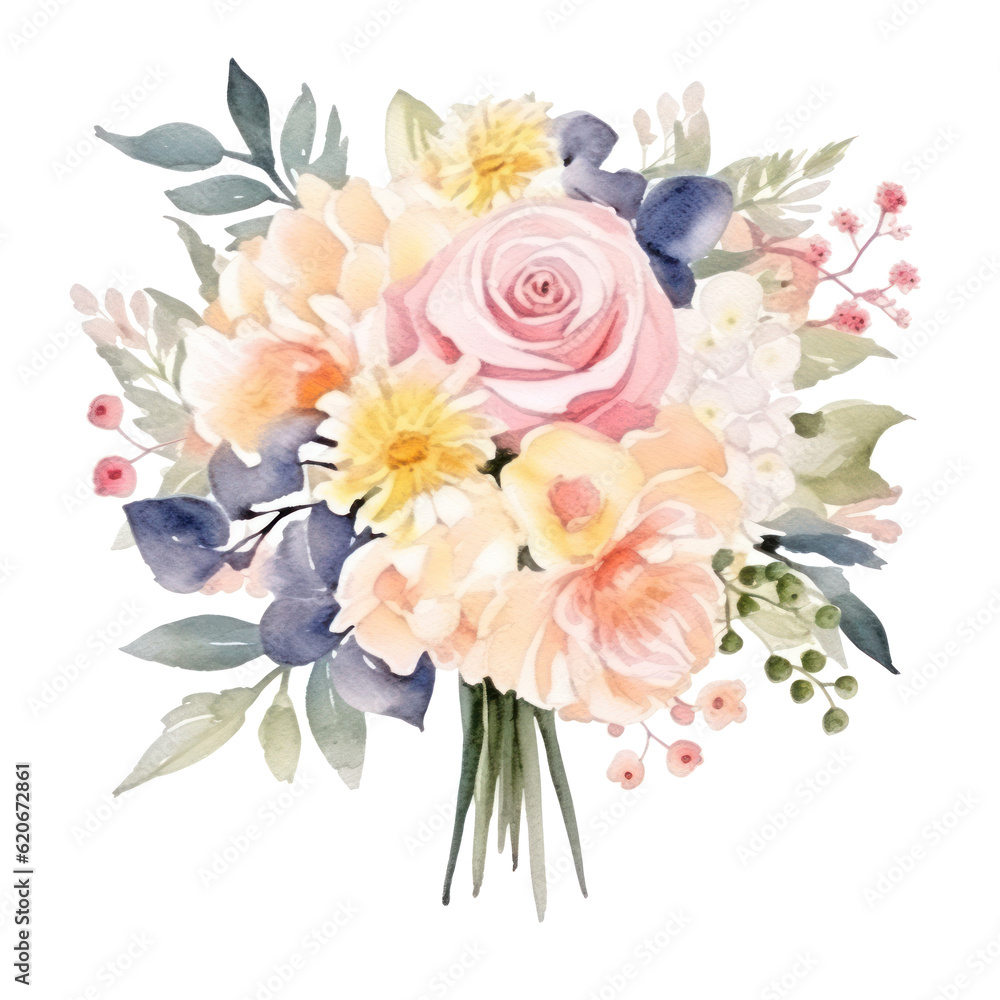 Watercolor cute wedding bouquet. Illustration AI Generative.