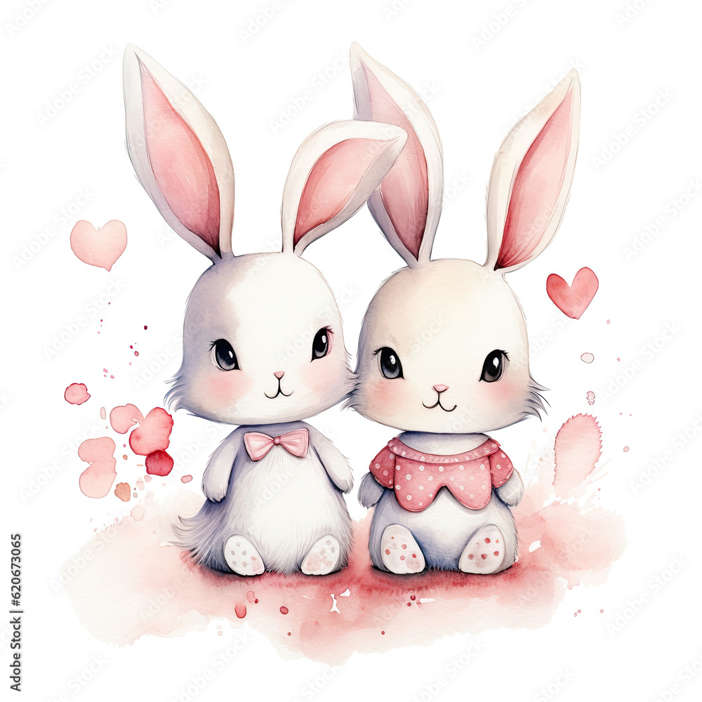 Cute watercolor bunny couple. Illustration AI Generative